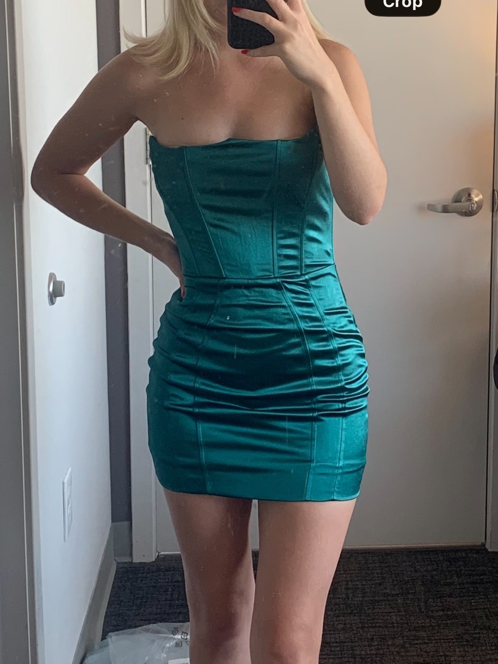 superdown Teal Satin Strapless Mini Dress